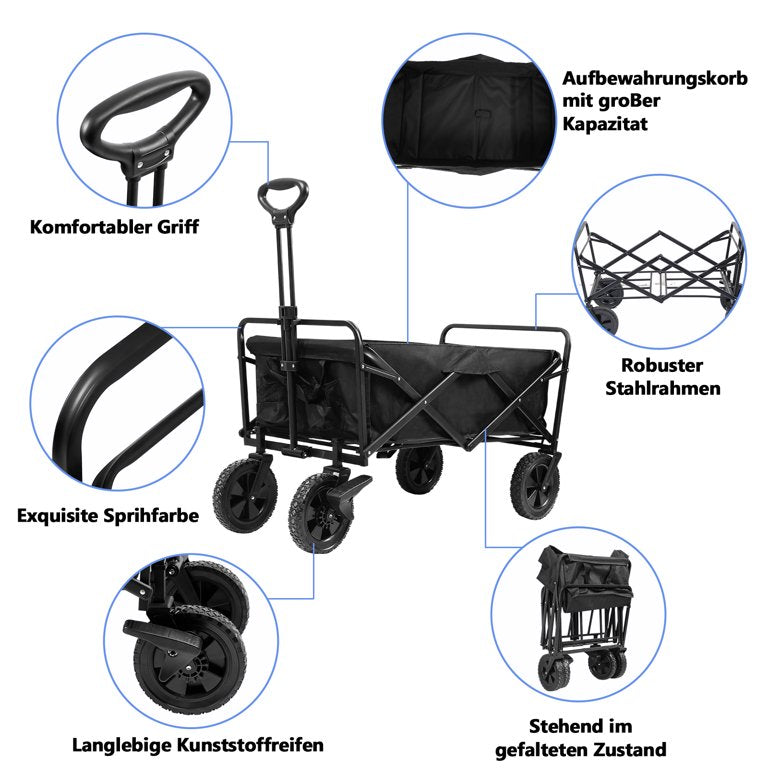 Collapsible Outdoor Utility Wagon Folding Garden Cart Camping Shopping Hand Trolley Adjustable Handle & 2 Cup Holders
