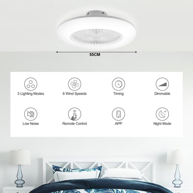 Teedor 80W Ceiling Fan with Lighting, 22 inch Mordern LED Enclosed Flush Mount Ceiling Fan, 6 Wind Speed, Remote and APP Control Light Fan, 3 Color Temperatures, timing, White, 3000-6500K