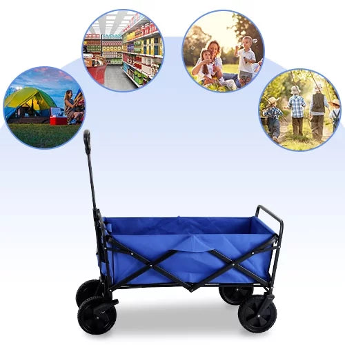 Collapsible Outdoor Utility Wagon Folding Garden Cart Camping Shopping Hand Trolley Adjustable Handle & 2 Cup Holders