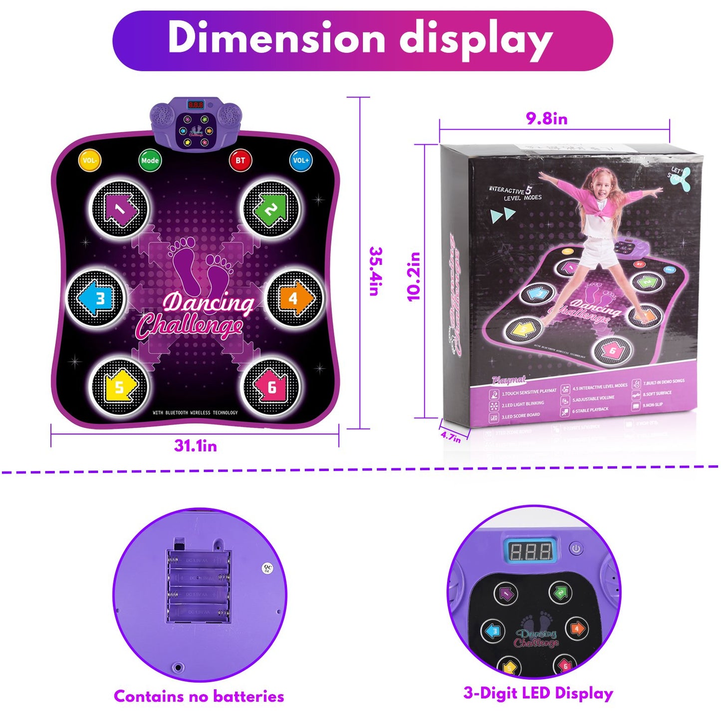 Dance Mat for Kids, 5 Modes Dance Pad Musical Educational Toy,Electronic Musical Play Mats,Dance Game Toy Gift for 3-12 Year Old Girls (35.4" x 31.1")