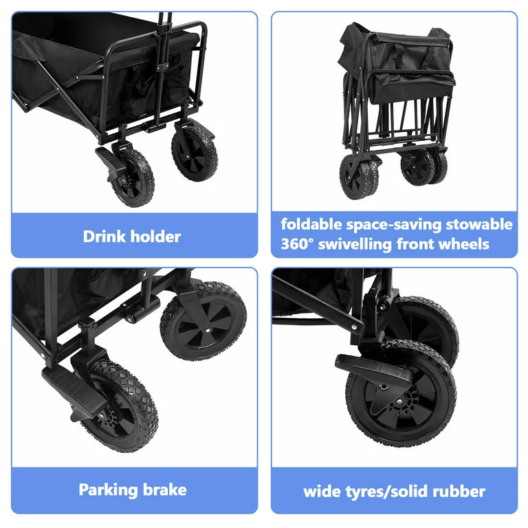 Collapsible Outdoor Utility Wagon Folding Garden Cart Camping Shopping Hand Trolley Adjustable Handle & 2 Cup Holders