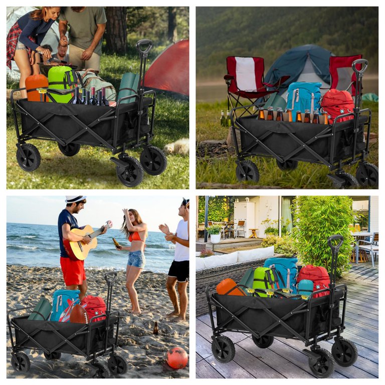 Collapsible Outdoor Utility Wagon Folding Garden Cart Camping Shopping Hand Trolley Adjustable Handle & 2 Cup Holders