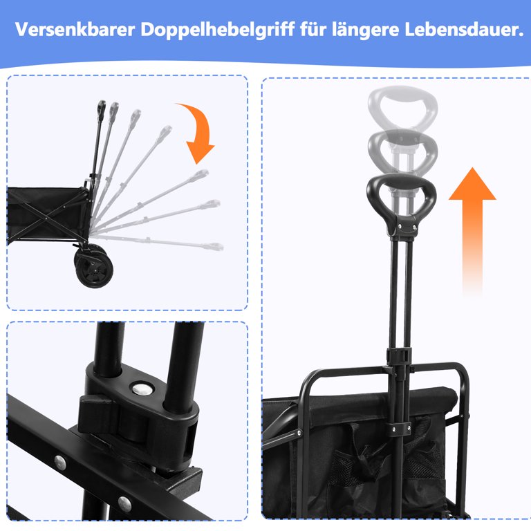Collapsible Outdoor Utility Wagon Folding Garden Cart Camping Shopping Hand Trolley Adjustable Handle & 2 Cup Holders