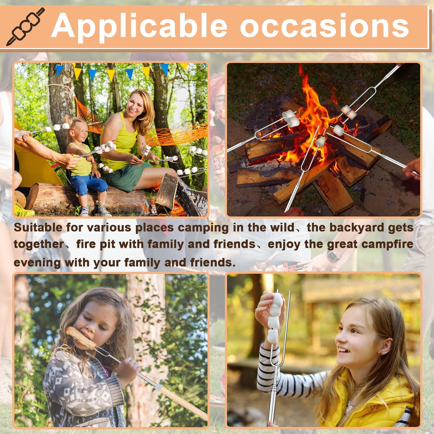 Teedor Roasting Sticks Wooden Handle Set of 12, Skewers Telescoping Forks 32/45 inch