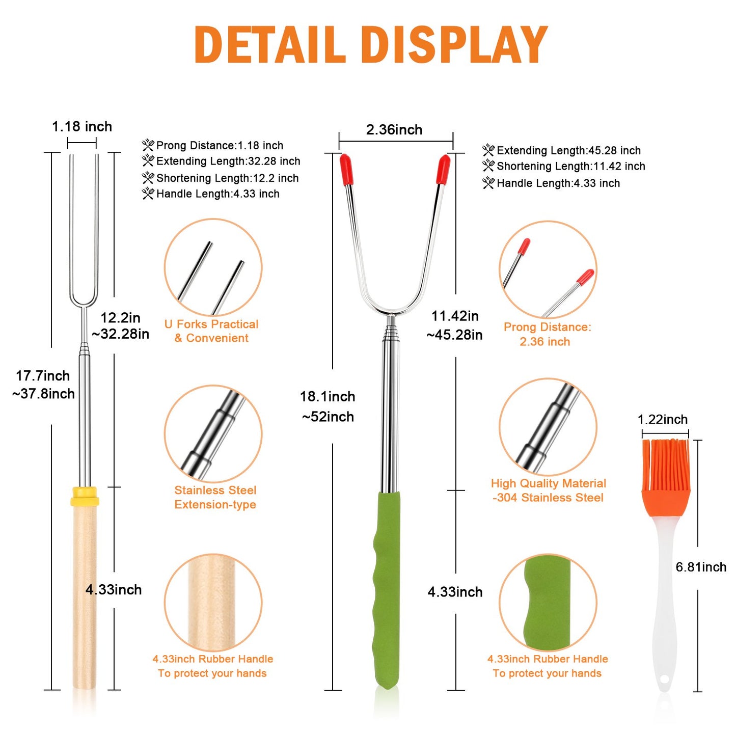 Teedor Roasting Sticks Wooden Handle Set of 12, Skewers Telescoping Forks 32/45 inch