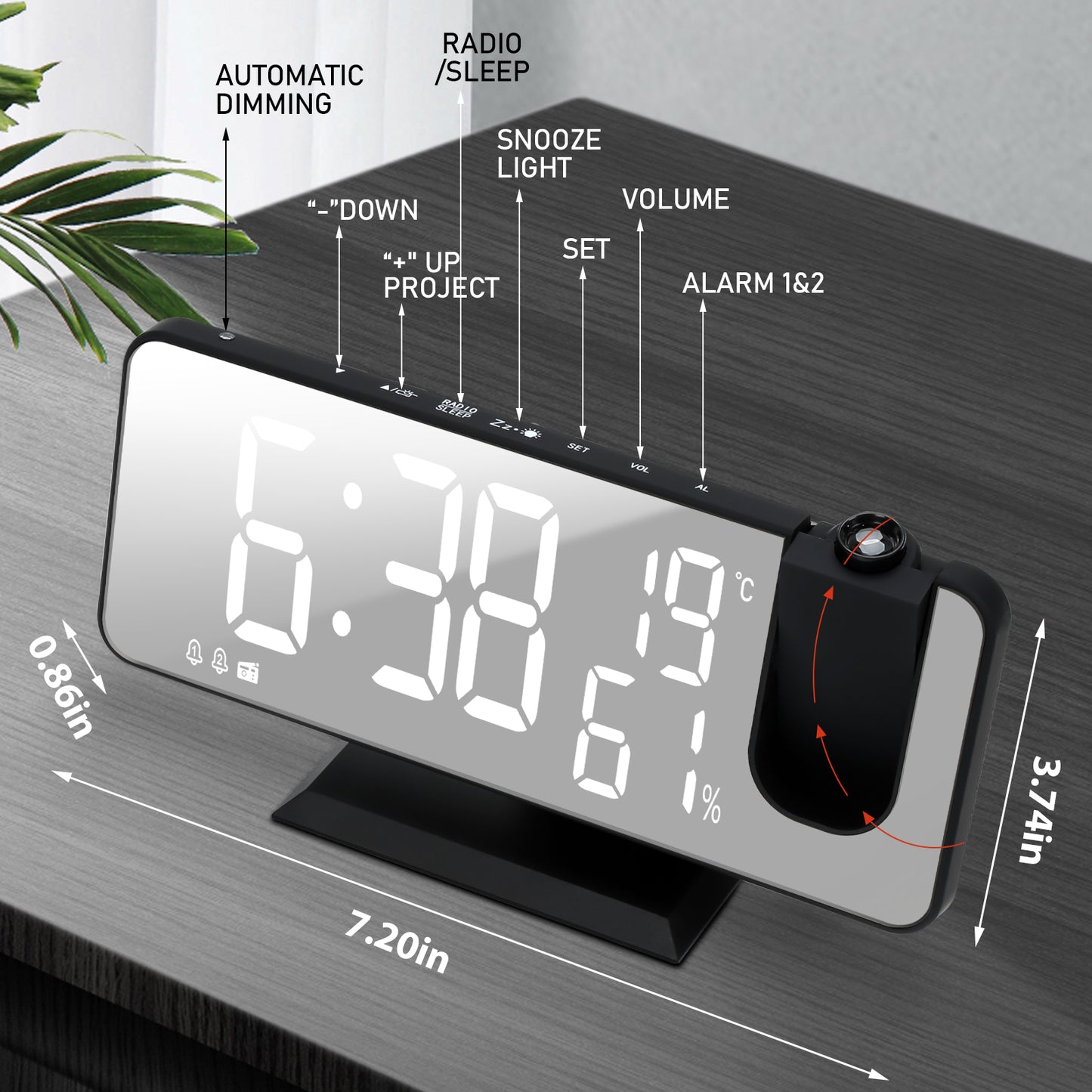 Projection Digital Alarm Clock for Bedroom, Large LED Alarm Clock Projection on Ceiling Wall, 350°Projector,Dimmer,USB Charger