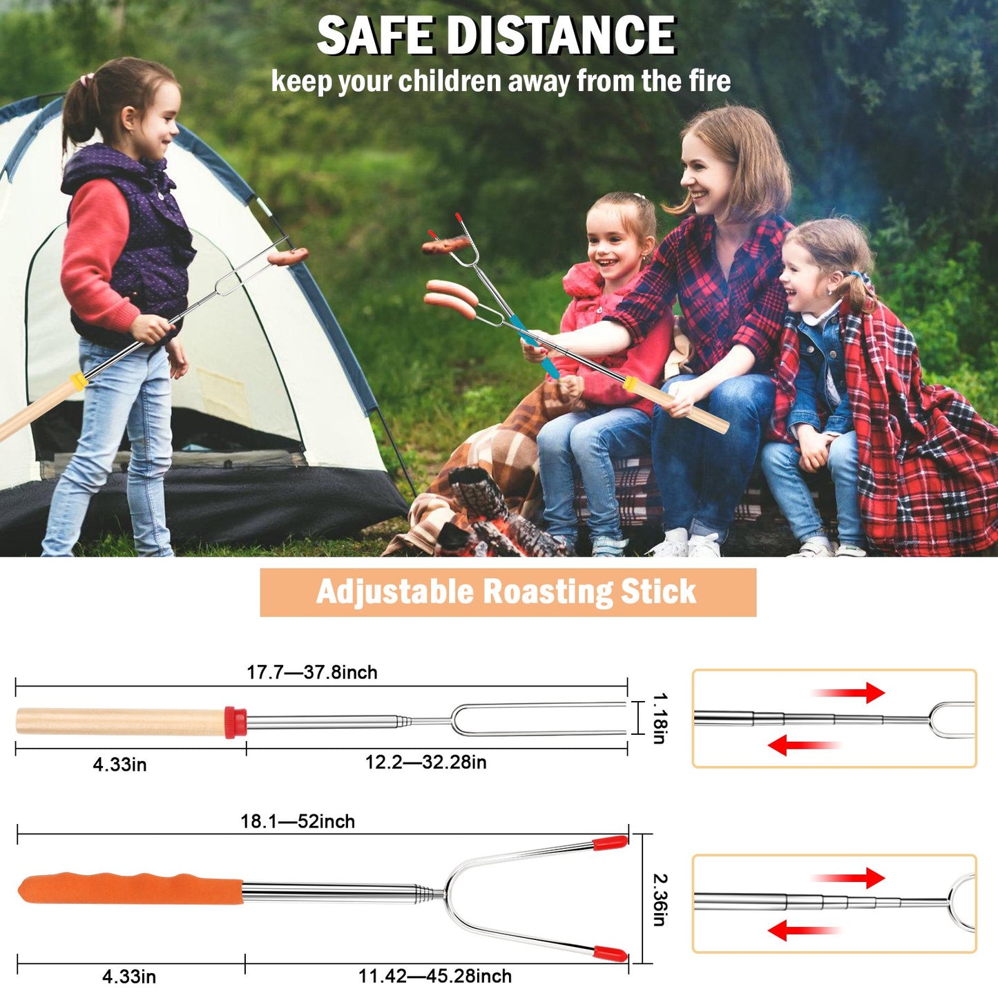 Teedor Roasting Sticks Wooden Handle Set of 12, Skewers Telescoping Forks 32/45 inch