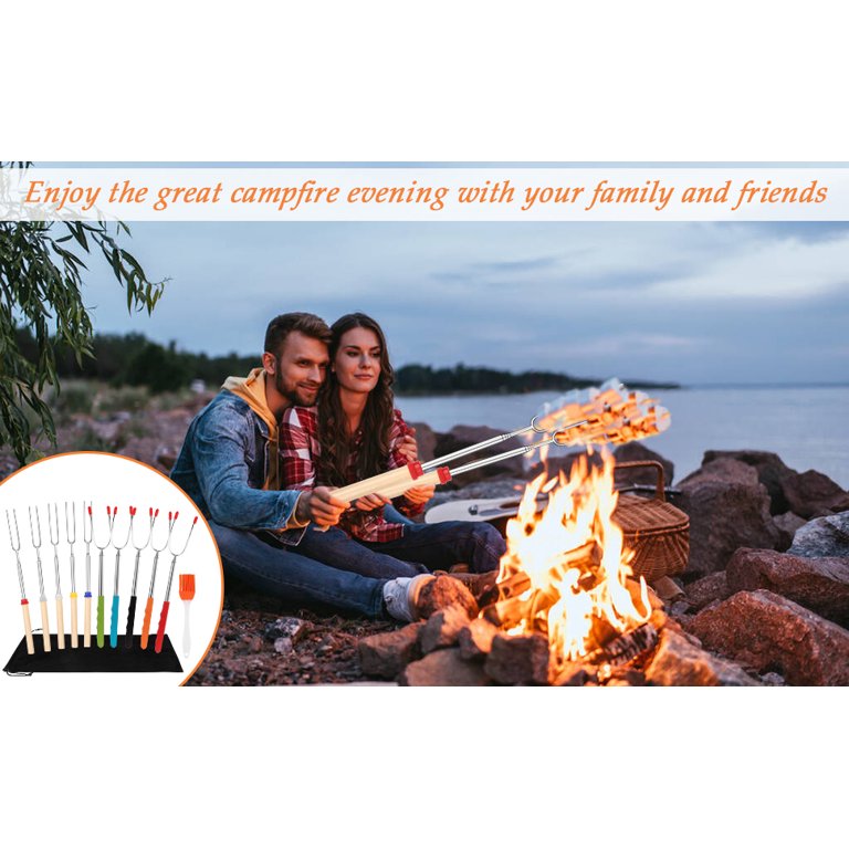 Teedor Roasting Sticks Wooden Handle Set of 12, Skewers Telescoping Forks 32/45 inch