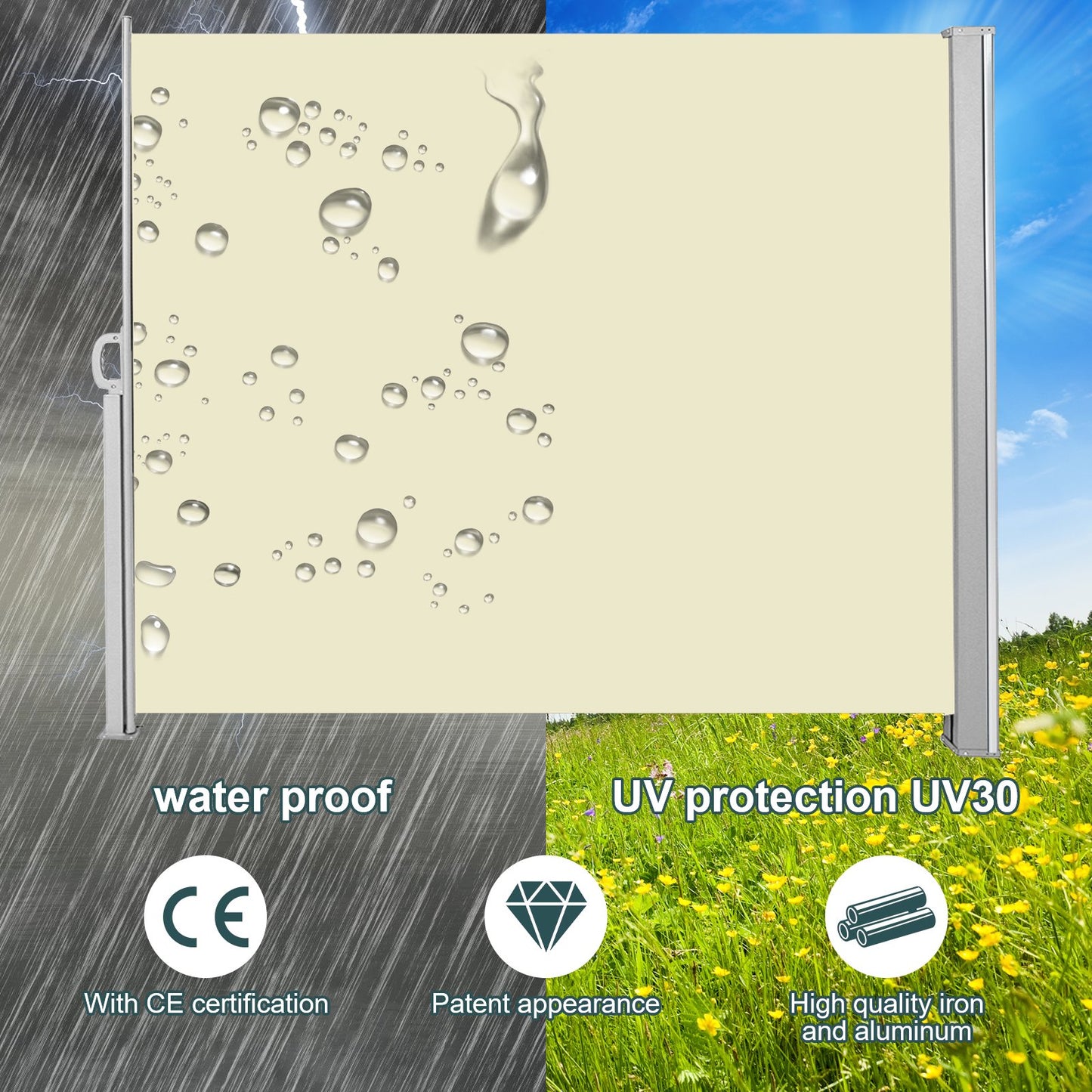 Teedor Patio Side Awning, Folding Patio Side Screen Retractable Beige/Gray