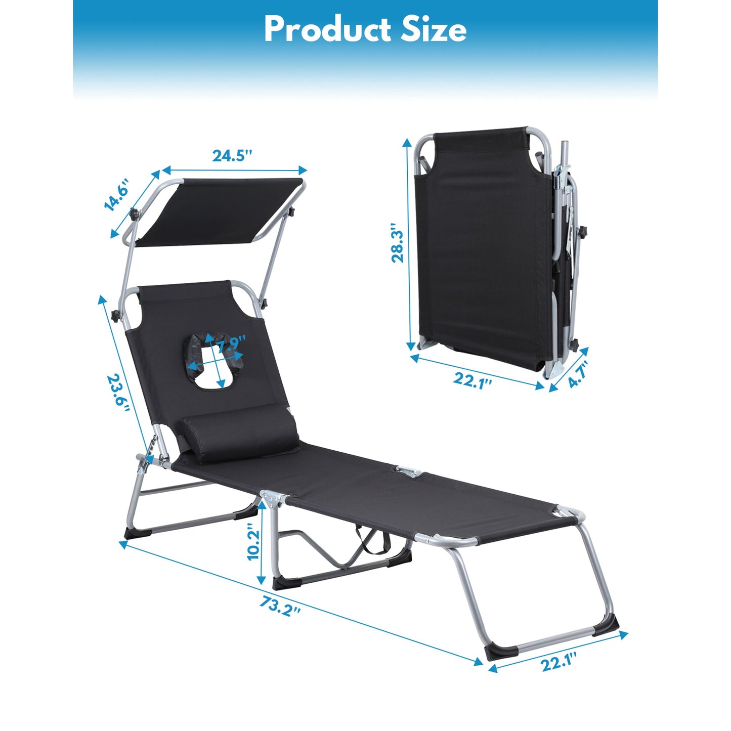 Teedor lounge chairs for outside,4-Fold Recliner with Face Hole, Canopy&Carry Handle, 4 posisitons Adjustable Tanning Chair for Beach Poolside Outdoor Garden