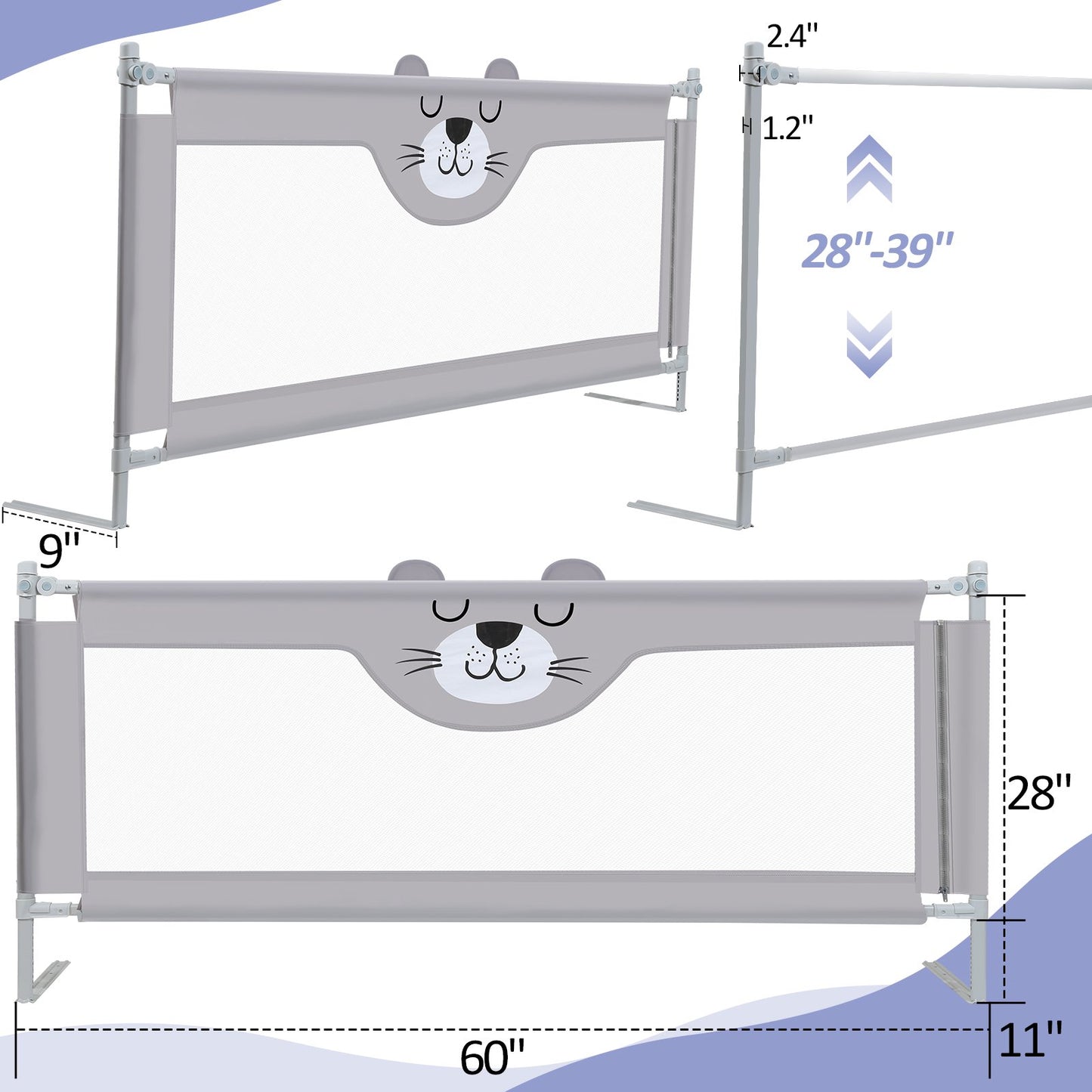 Bed Rails for Toddlers Crib Fence Seamless Extendable Height 60"x28"-39"