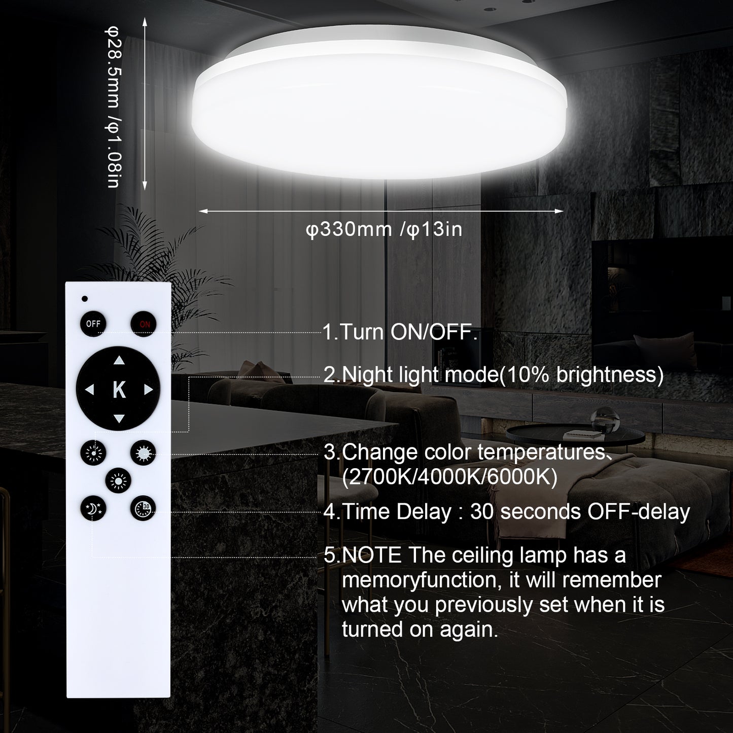36W Flush Mount LED Ceiling Light for Bathroom, 13 inch Super Slim Ceiling Light with Remote Control 3 Color Changeable 2700/4000/6500K, 3060lm IP44 for Kitchen,Laundry Room, Hallway