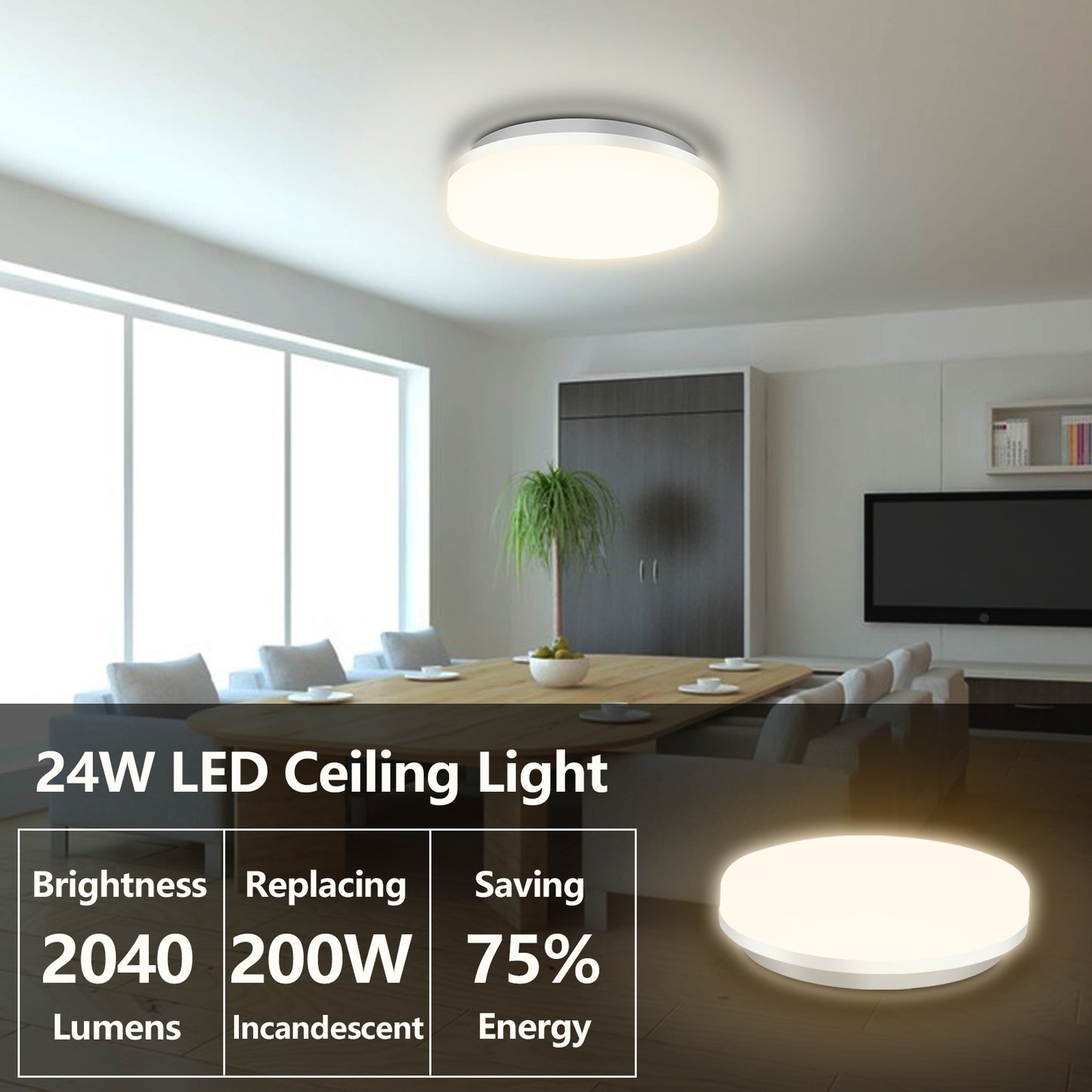 24W Flush Mount Ceiling Light for Bathroom, 9 inch Super Slim LED Ceiling Light, Daylight White 5000K, 2040lm IP44 for Kitchen, Porch, Laundry Room, Hallway, Basement