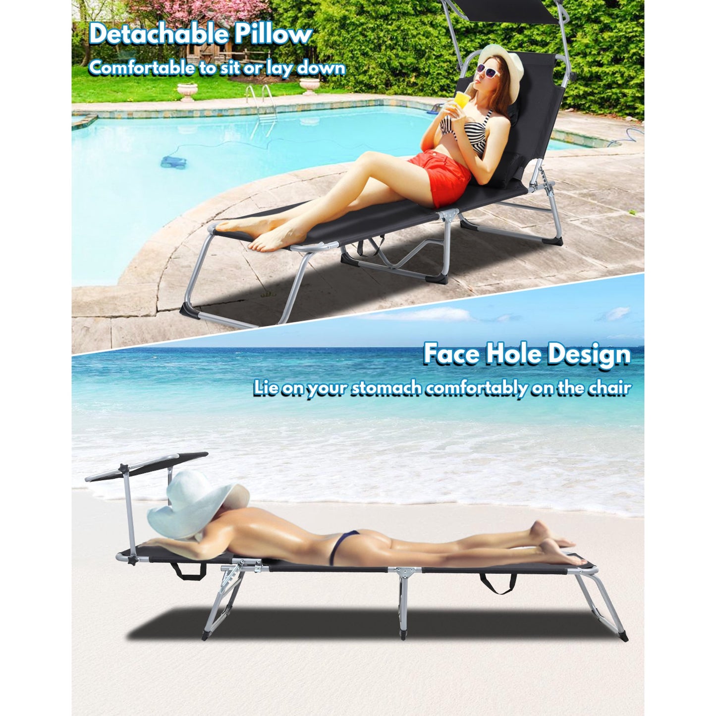 Teedor lounge chairs for outside,4-Fold Recliner with Face Hole, Canopy&Carry Handle, 4 posisitons Adjustable Tanning Chair for Beach Poolside Outdoor Garden