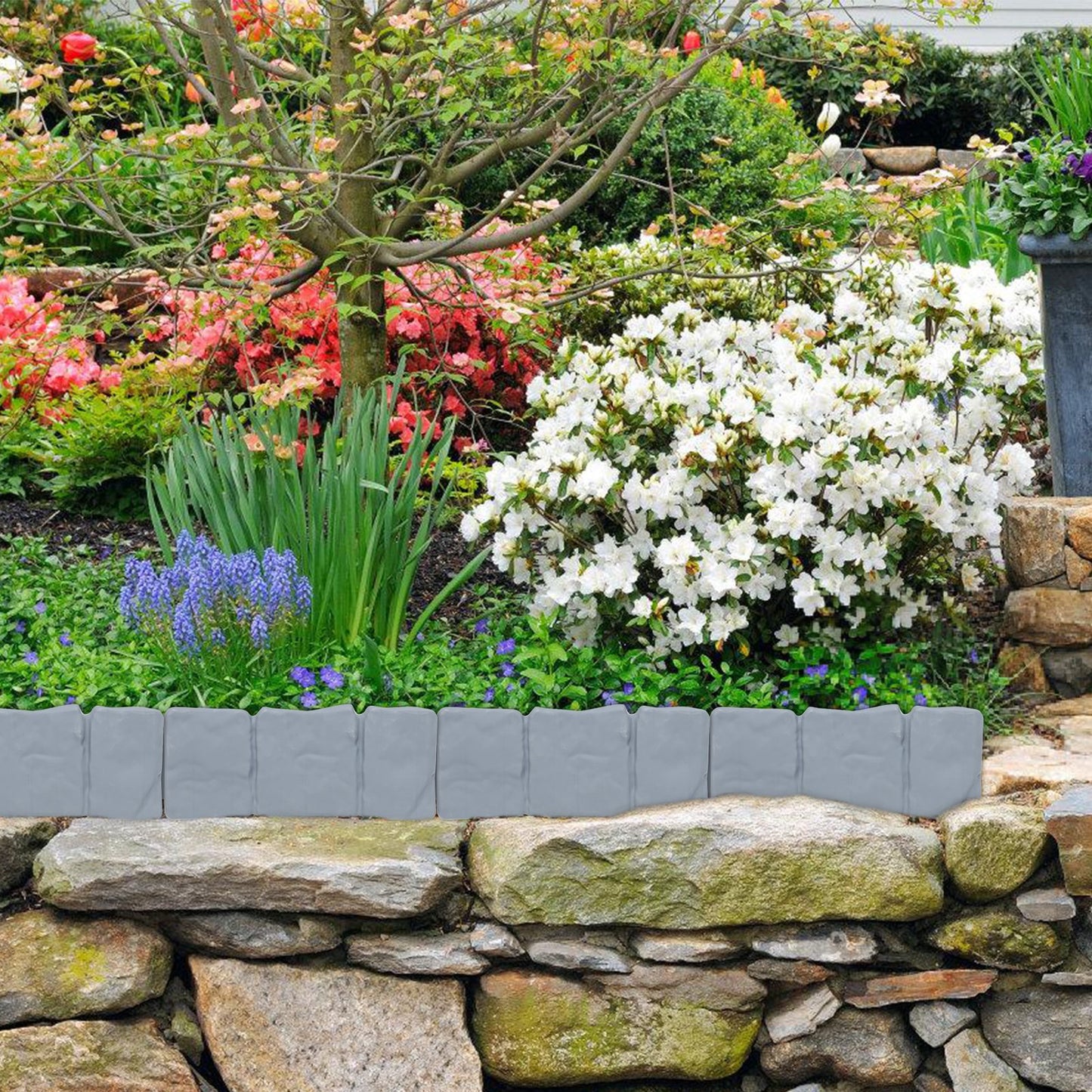 Teedor 10Pcs Garden edging border, Plastic Garden Fence Edging, Imitation Stone Effect, Interlocking Landscape Edging Border for DIY Decorative Patio Yard