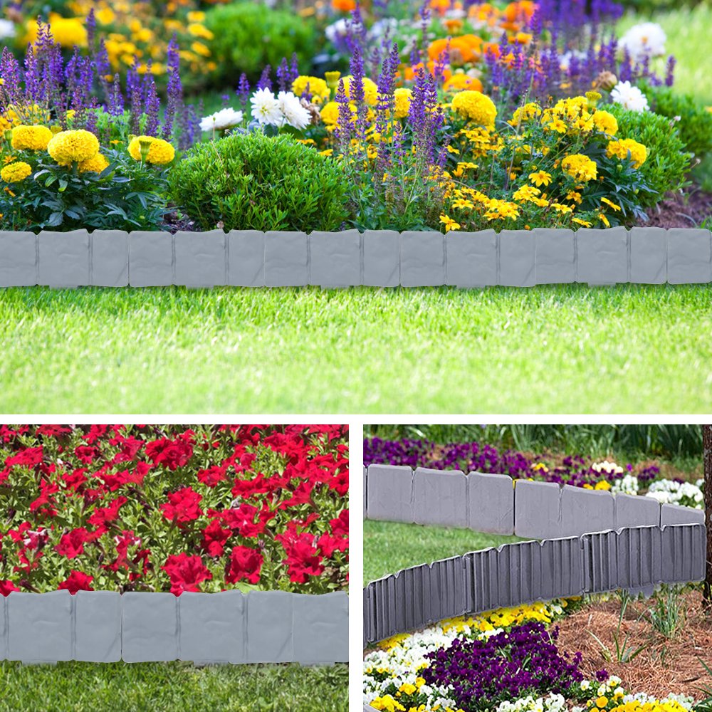 Teedor 10Pcs Garden edging border, Plastic Garden Fence Edging, Imitation Stone Effect, Interlocking Landscape Edging Border for DIY Decorative Patio Yard