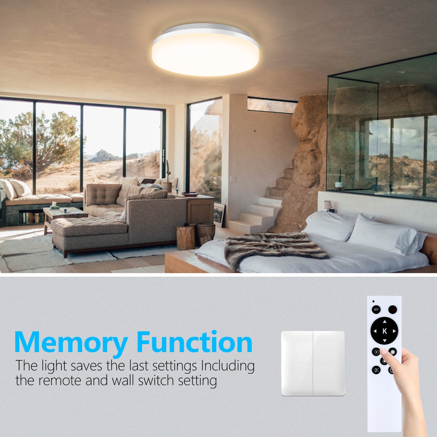 36W Flush Mount LED Ceiling Light for Bathroom, 13 inch Super Slim Ceiling Light with Remote Control 3 Color Changeable 2700/4000/6500K, 3060lm IP44 for Kitchen,Laundry Room, Hallway