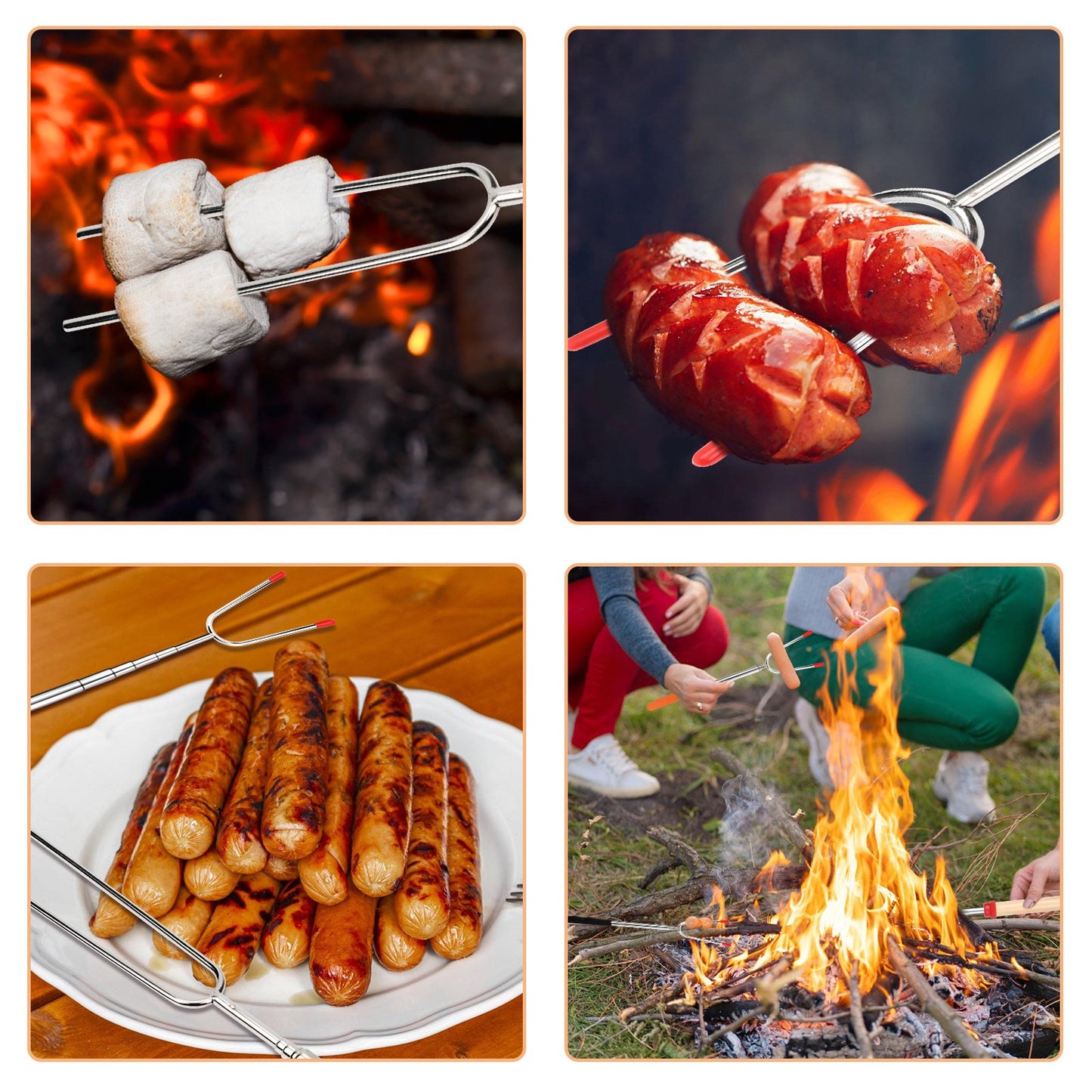 Teedor Roasting Sticks Wooden Handle Set of 12, Skewers Telescoping Forks 32/45 inch