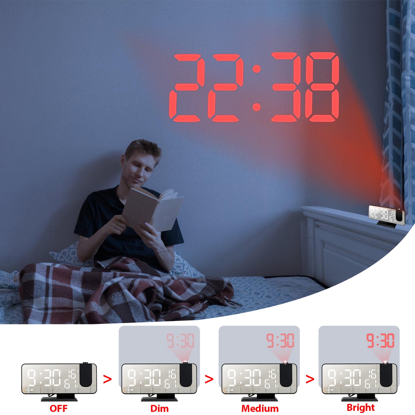 Projection Digital Alarm Clock for Bedroom, Large LED Alarm Clock Projection on Ceiling Wall, 350°Projector,Dimmer,USB Charger