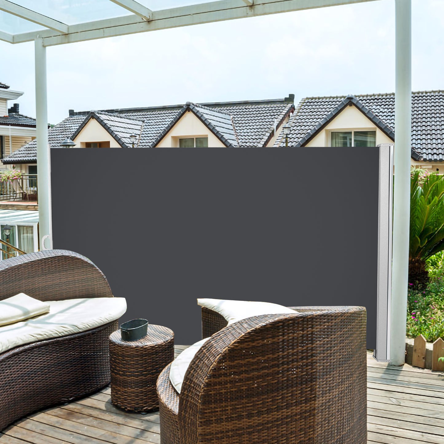 Teedor Patio Side Awning, Folding Patio Side Screen Retractable Beige/Gray