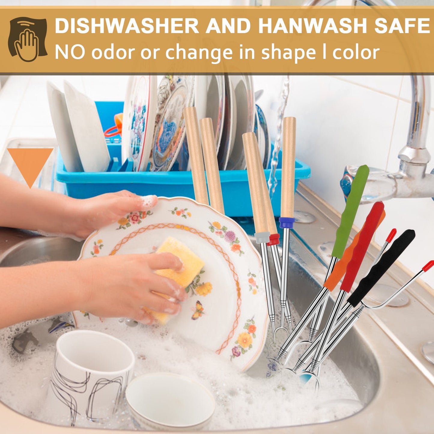 Teedor Roasting Sticks Wooden Handle Set of 12, Skewers Telescoping Forks 32/45 inch