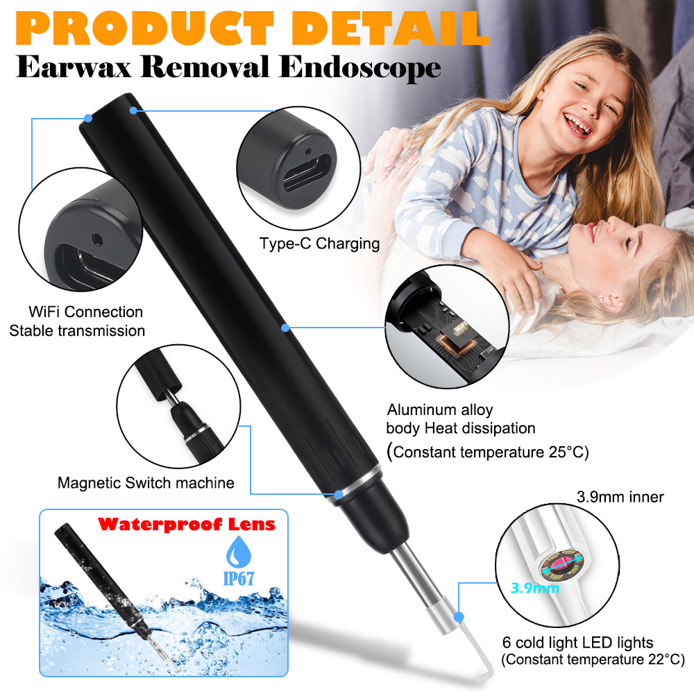 Ear Wax Removal, Endoscope,1080P HD Earwax Remover Tool, Wireless Ear Wax Removal Endoscope, Ear Endoscope with LED Light 3.9mm
