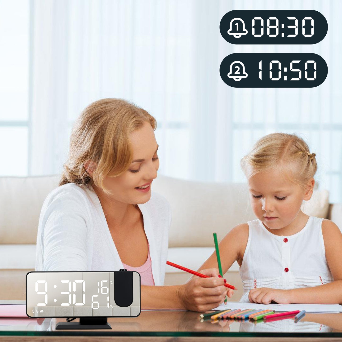 Projection Digital Alarm Clock for Bedroom, Large LED Alarm Clock Projection on Ceiling Wall, 350°Projector,Dimmer,USB Charger