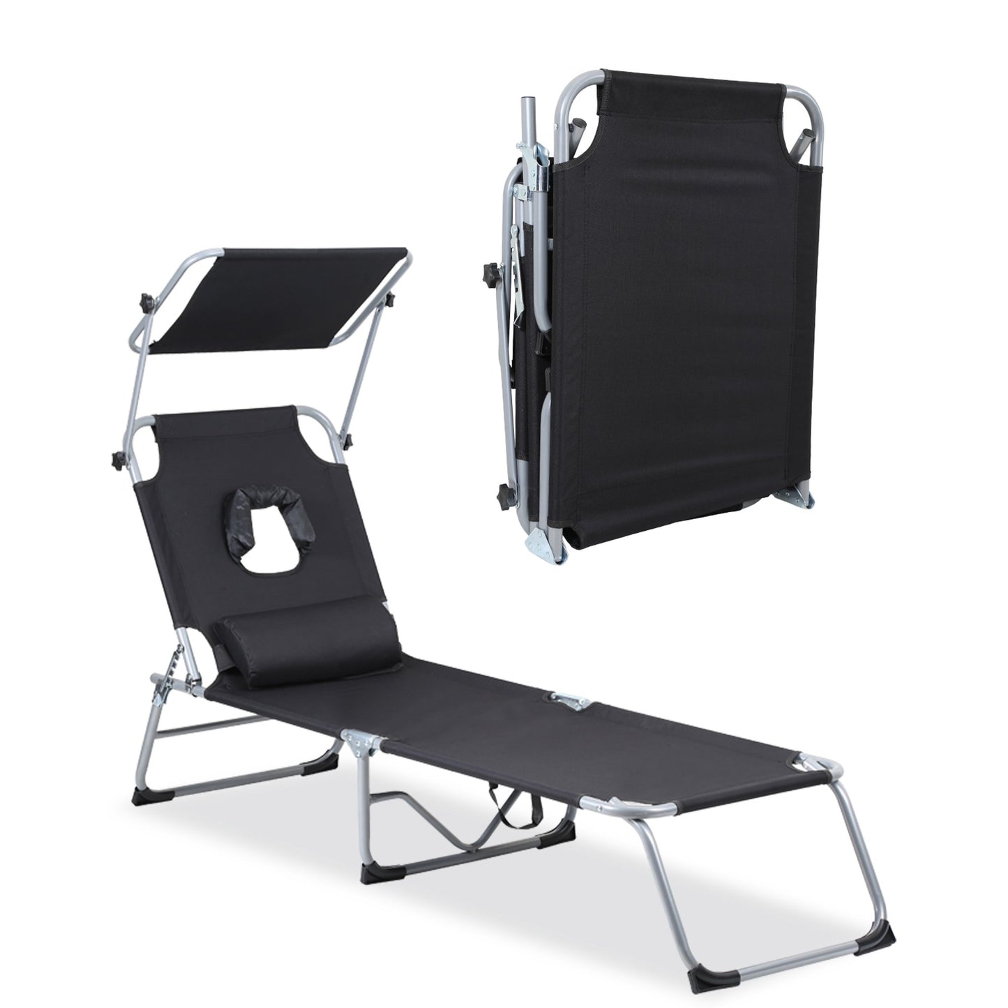 Teedor lounge chairs for outside,4-Fold Recliner with Face Hole, Canopy&Carry Handle, 4 posisitons Adjustable Tanning Chair for Beach Poolside Outdoor Garden