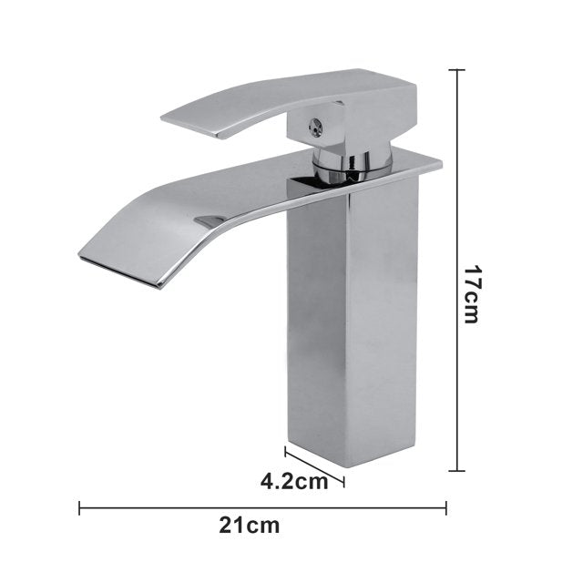 Teedor Waterfall Spout Single Handle Bathroom Faucet, Modern Sink Faucet Supply Lines Included, Durable, Lead-Free, and Corrosion Resistant, Silver, 1 Hole Lavatory Vanity Faucet Flat basin Faucet