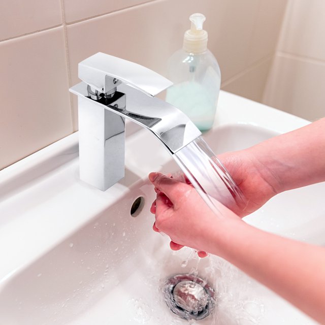 Teedor Waterfall Spout Single Handle Bathroom Faucet, Modern Sink Faucet Supply Lines Included, Durable, Lead-Free, and Corrosion Resistant, Silver, 1 Hole Lavatory Vanity Faucet Flat basin Faucet