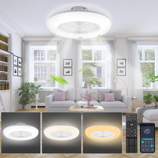 Teedor 80W Ceiling Fan with Lighting, 22 inch Mordern LED Enclosed Flush Mount Ceiling Fan, 6 Wind Speed, Remote and APP Control Light Fan, 3 Color Temperatures, timing, White, 3000-6500K