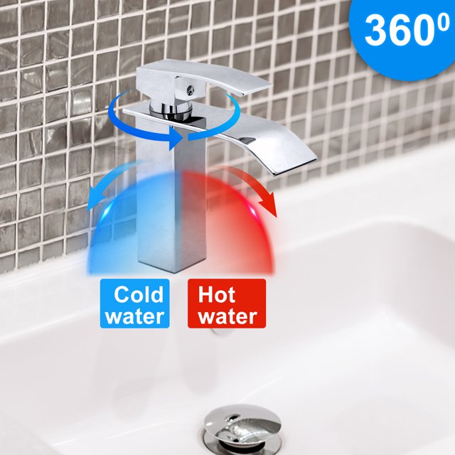 Teedor Waterfall Spout Single Handle Bathroom Faucet, Modern Sink Faucet Supply Lines Included, Durable, Lead-Free, and Corrosion Resistant, Silver, 1 Hole Lavatory Vanity Faucet Flat basin Faucet