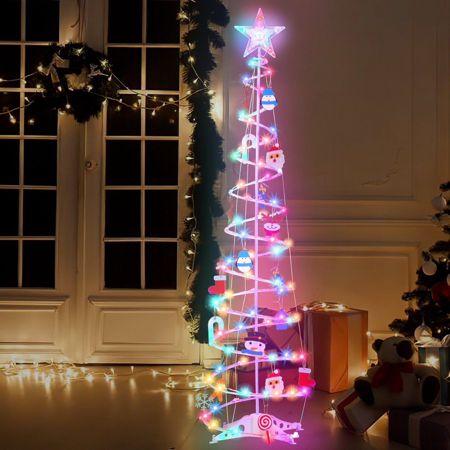 6ft LED Spiral Christmas Tree Light 100 LEDs Battery Powered Indoor Outdoor Holiday Decoration Lamp Multi-color,Garden Decoration String Lights,with Star Tree Topper