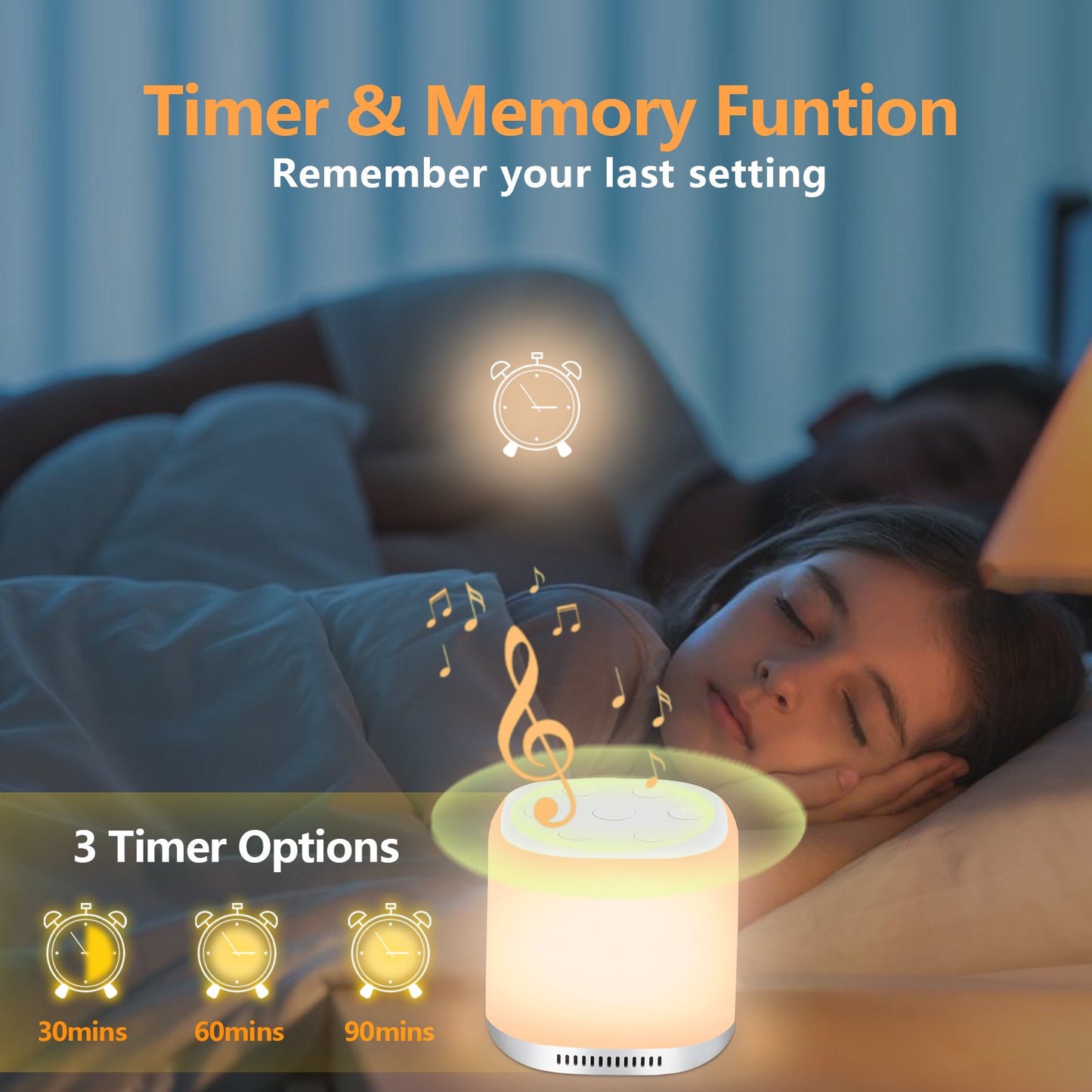 White Noise Sound Machine with 34 Soothing Sounds, Baby Night Light Built, Auto-Off Timer & Memory Features for Better Sleep and Feeding，for Baby Kid Adult