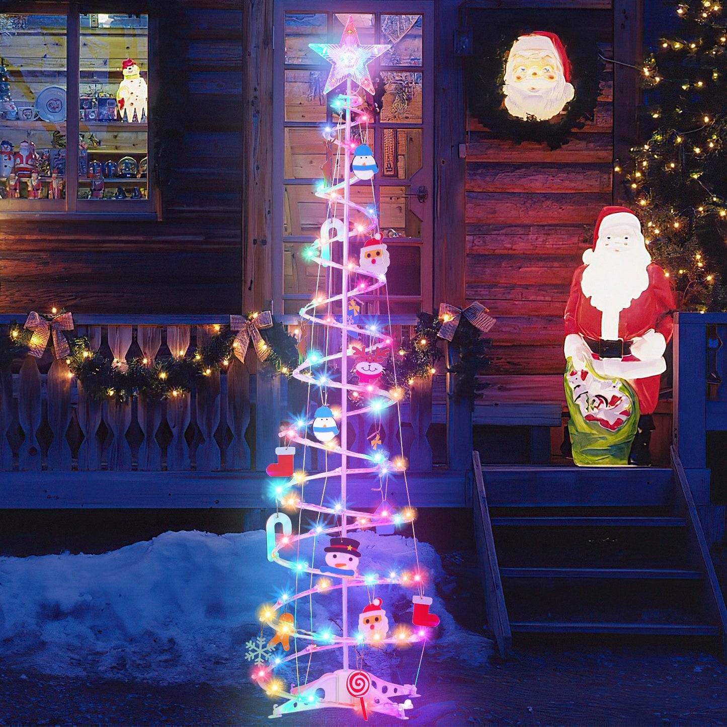 6ft LED Spiral Christmas Tree Light 100 LEDs Battery Powered Indoor Outdoor Holiday Decoration Lamp Multi-color,Garden Decoration String Lights,with Star Tree Topper