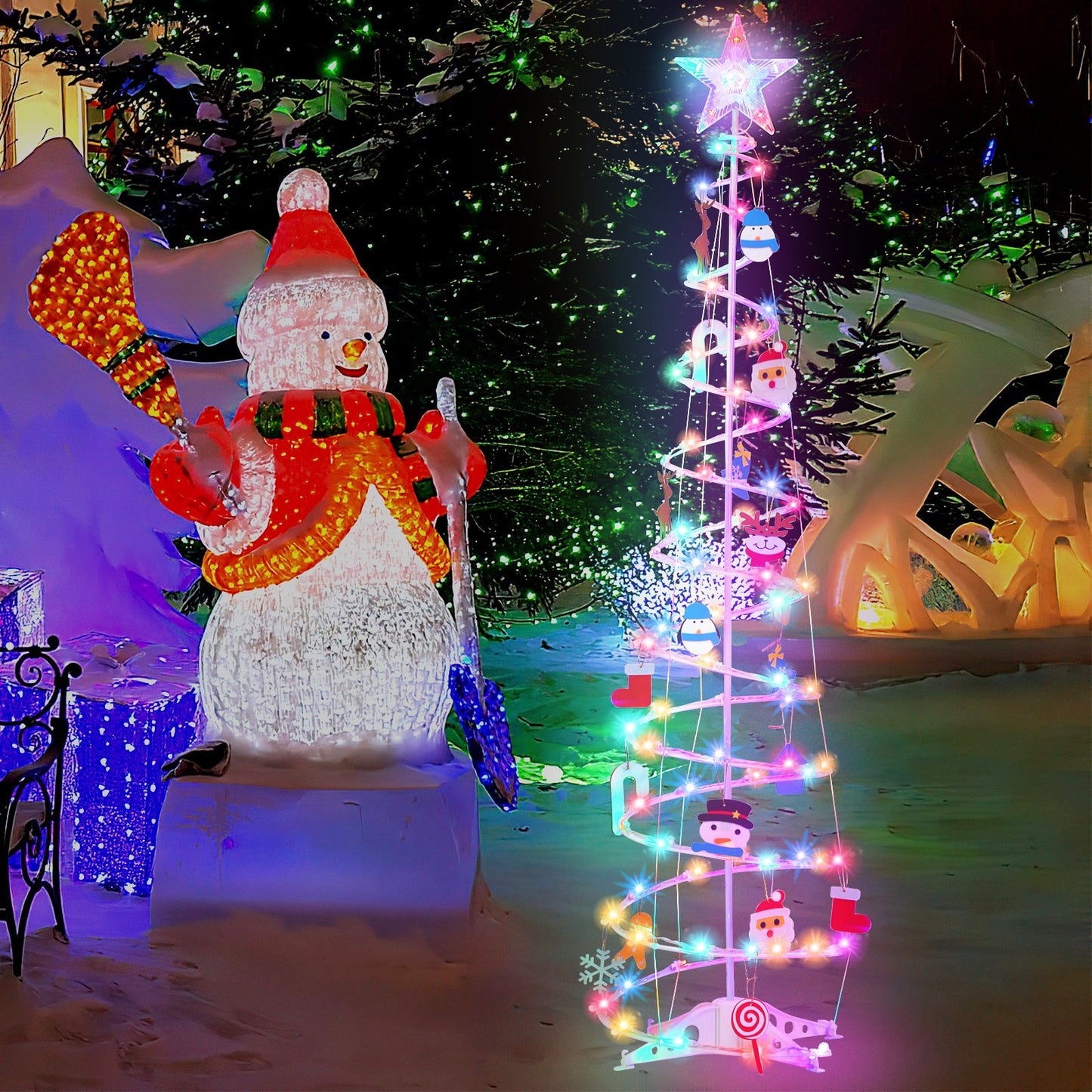 6ft LED Spiral Christmas Tree Light 100 LEDs Battery Powered Indoor Outdoor Holiday Decoration Lamp Multi-color,Garden Decoration String Lights,with Star Tree Topper