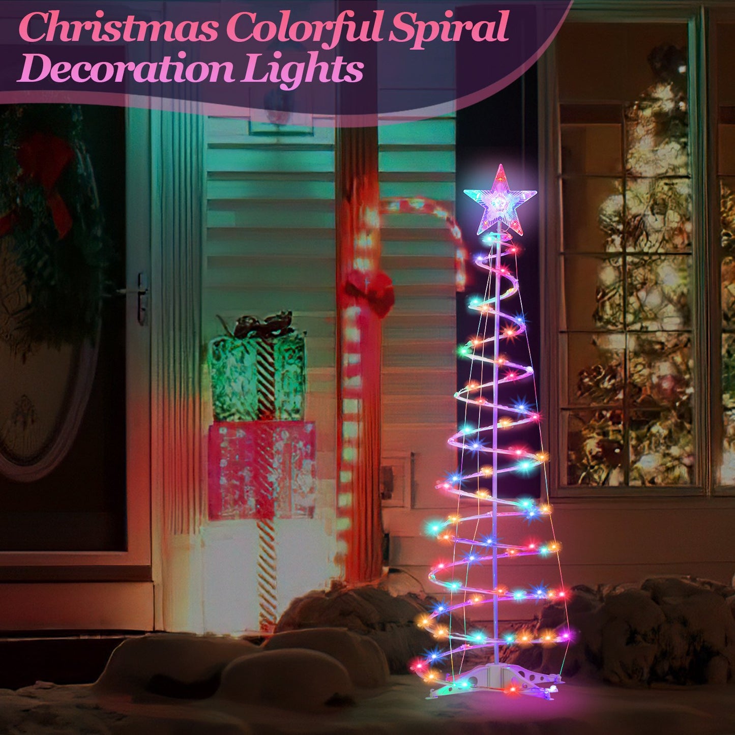 6ft LED Spiral Christmas Tree Light 100 LEDs Battery Powered Indoor Outdoor Holiday Decoration Lamp Multi-color,Garden Decoration String Lights,with Star Tree Topper